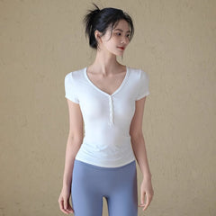 Slim and versatile button-down sports T-shirt running training short sleeves