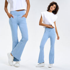 Imitation denim crossover high-waisted slimming hip-lifting bell bottoms