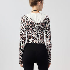 Short leopard print slimming hooded zip sports jacket