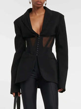 Patchwork Design Long Sleeve Notched Waist Blazer Jacket