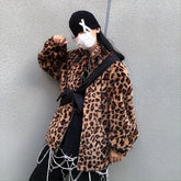 Retro Style Leopard Print Furry Loose Collar Zipper Thick Coat