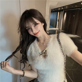 Casual Solid V-Neck Pullovers Retro Chain Slim Short Sweater