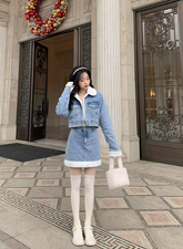 Trendy Lamb Wool Spliced Denim Short Sweet Cool Half Skirt Two Piece Set