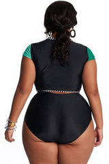 Plus Size High Waist Color Block Sleeved Crop Bikini - Two Piece Set