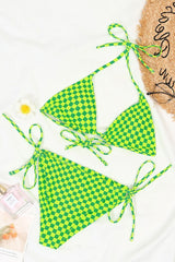 Neon Gingham Tie String Sliding Triangle Bikini - Two Piece Set
