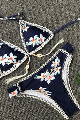 Navy Floral Printed Crochet Edge Sliding Triangle Bikini