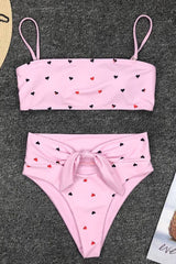 High Waisted Knotted Hearts Printed Bandeau Bikini - Two Piece Set