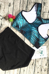 Green Black Palm Leaf Print High Waisted Crop Top Bikini