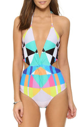 Multicolor Geometric Twist Front Low Back Deep V Halter Monokini
