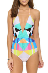 Multicolor Geometric Twist Front Low Back Deep V Halter Monokini
