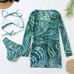 Abstract Print Mesh Cover Up Slide Triangle Brazilian Three Piece Bikini