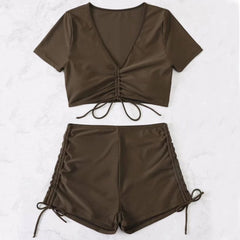 Active High Waist Boyshort Drawstring Sleeved Brazilian Two Piece Bikini