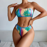 Artsy Tie Dye Shirred High Leg Bandeau Brazilian Two Piece Bikini