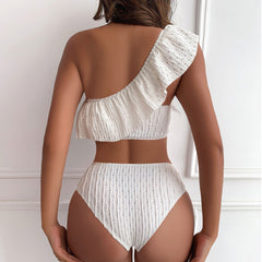 Asymmetric Textured Ruffle Trim One Shoulder Brazilian Two Piece Bikini