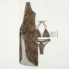 Asymmetrical Leopard Cover Up Thong Triangle Brazilian Three Piece Bikini
