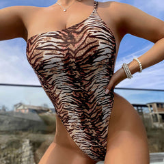 Asymmetrical Tiger Print High Leg One Shoulder Brazilian One Piece Swimsuit