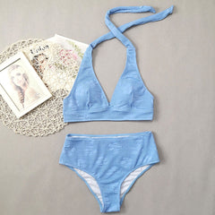 Athletic Mid Waist Floral Shirred Halter Brazilian Two Piece Bikini