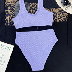 Athletic Striped Textured High Waist Lace Up Bralette Brazilian Two Piece Bikini