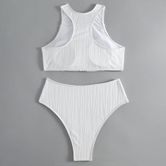 Athletic Textured Wavy High Waist Zip Up Brazilian Two Piece Bikini
