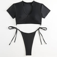 Athletic Tie String Cheeky Short Sleeve Crop Brazilian Two Piece Bikini