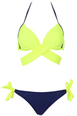 Neon Yellow Wrap Around Side Tie Halter Bikini Bathing Suit