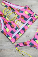 Pink Strappy Pineapple Print Side Tie High Cut Cheeky Two Piece Swimsuit
