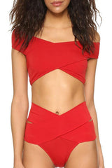 Red High Waist Wrap Bandage Off Shoulder Bikini