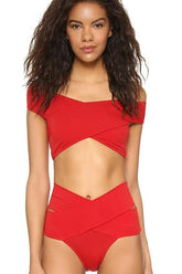 Red Off The Shoulder High Waisted Two Piece Swimsuit