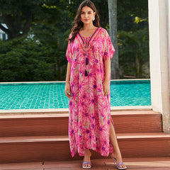 Bohemian Floral Printed Lace Up V Neck Split Caftan Beach Cover Up