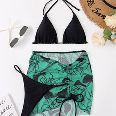 Boho Floral Cover Up String Slide Triangle Brazilian Three Piece Bikini