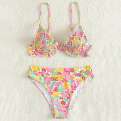 Boho Floral High Waist Shirred Underwire Brazilian Two Piece Bikini