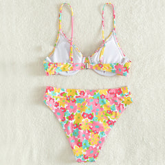 Boho Floral High Waist Shirred Underwire Brazilian Two Piece Bikini