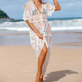 Boho Lace Up V Neck Short Sleeve Floral Lace Scalloped Brazilian Maxi Cover Up