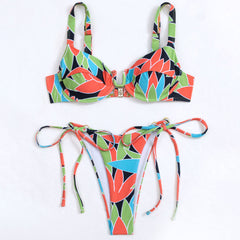 Boho Leaf Printed Tie Side Cheeky Notch Underwire Brazilian Two Piece Bikini