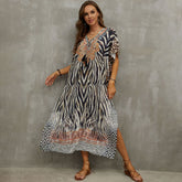 Boho Pattern Lace Up V Neck Short Sleeve Side Split Brazilian Beach Cover Up