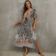 Boho Pattern Lace Up V Neck Short Sleeve Side Split Brazilian Beach Cover Up