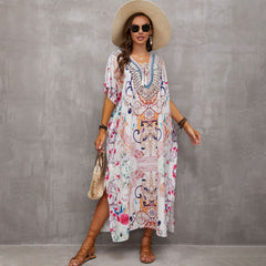 Boho Pattern Lace Up V Neck Short Sleeve Side Split Brazilian Beach Cover Up