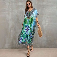 Boho Pattern Lace Up V Neck Short Sleeve Side Split Brazilian Beach Cover Up