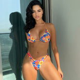 Boho Style Floral Printed High Leg Cheeky Shirred Triangle Brazilian Two Piece Bikini