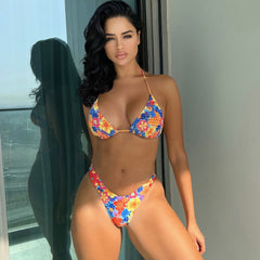 Boho Style Floral Printed High Leg Cheeky Shirred Triangle Brazilian Two Piece Bikini