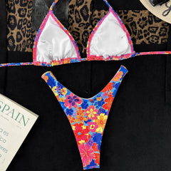 Boho Style Floral Printed High Leg Cheeky Shirred Triangle Brazilian Two Piece Bikini