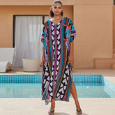 Boho Watercolour Painting V Neck Short Sleeve Beach Caftan Cover Up