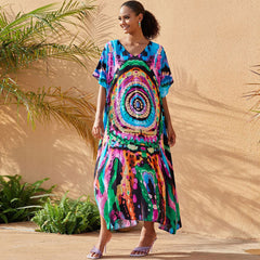 Boho Watercolour Painting V Neck Short Sleeve Beach Caftan Cover Up