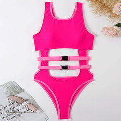 Bold High Cut Cutout Buckle Trim Scoop Neck Brazilian One Piece Swimsuit