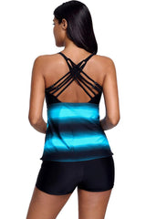 Gradient Striped Strappy Back Boyshort Tankini - Two Piece Swimsuit