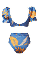 Puff Sleeve Tropical Print V Neck Bikini - Two Piece Set
