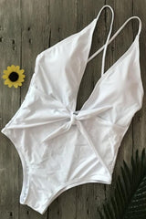 White Triangle Plunging Knotted Front Tied Backless High Cut One Piece Swimsuit