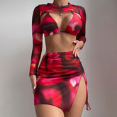 Chic High Leg Cheeky Tie Dye Triangle Halter Brazilian Four Piece Bikini