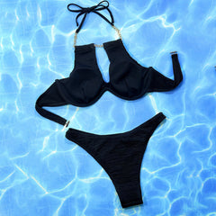 Chic Metallic Chain Cutout Underwire Shirred Brazilian Two Piece Bikini