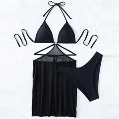 Chic Sarong High Cut Halter Triangle Brazilian Three Piece Bikini